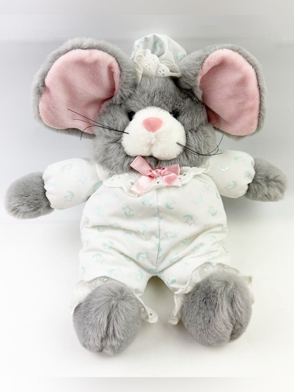 Vtg Gray Mouse Moon Star Pajamas Bonnet Plush Commonwealth Stuffed Animal 13”